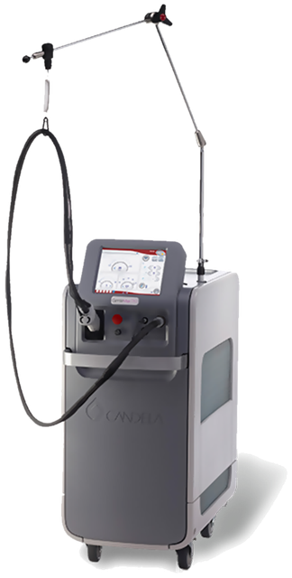 Candela GentleMax Pro laser system with its touchscreen, handpiece and articulated arm